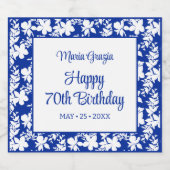 Elegant Blauw Wit Bloemen 70ste Verjaardag Sparkling Wijnetiket (Enkel label)