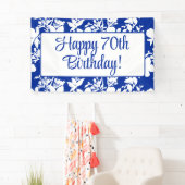 Elegant Blauw Wit Bloemen 70ste Verjaardagsfeest Spandoek (Insitu)