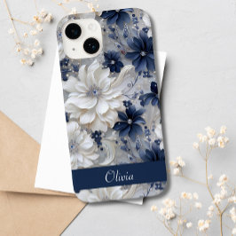 Elegant Blauw Wit Bloemen Chique Aangepaste Naam Case-Mate iPhone 14 Hoesje