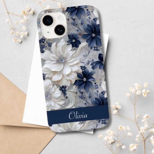 Elegant Blauw Wit Bloemen Chique Aangepaste Naam Case-Mate iPhone Case