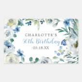 Elegant Blauw Wit Bloemen Custom Verjaardagsfeest Rechthoekige Sticker (Voorkant)
