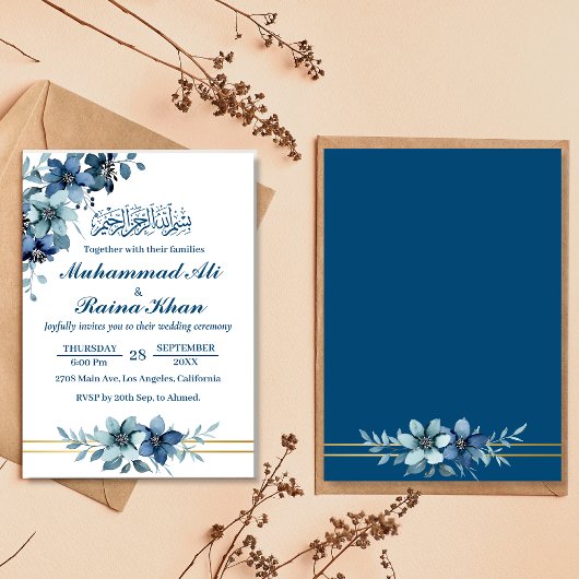 Elegant Blauw Wit Bloemen Islamitisch Moslim Bruil Kaart
