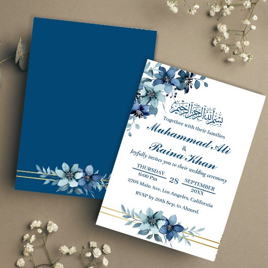 Elegant Blauw Wit Bloemen Islamitisch Moslim Bruil Kaart