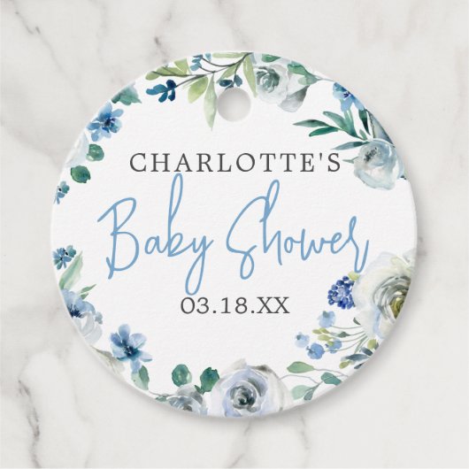 Elegant Blauw Wit Bloemen Jongen Baby shower Bedankjes Labels (Voorkant)
