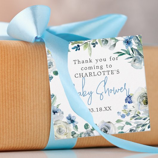Elegant Blauw Wit Bloemen Jongen Baby shower Bedankjes Labels
