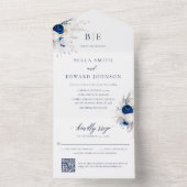 Elegant Blauw Wit Bloemen Monogram Bruiloft QR Cod All In One Uitnodiging (Binnen)