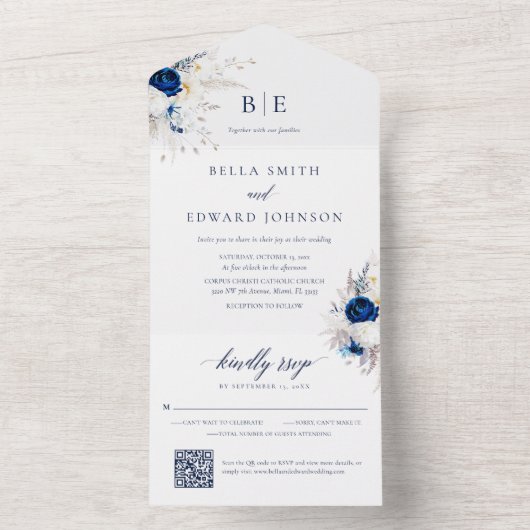 Elegant Blauw Wit Bloemen Monogram Bruiloft QR Cod All In One Uitnodiging (Binnen)