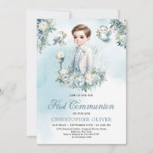 Elegant blauw wit bloemen salie Eerste Communie Kaart (Voorkant)