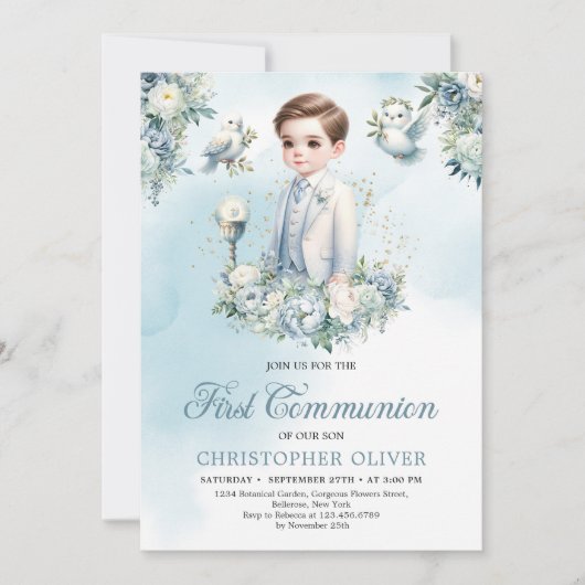 Elegant blauw wit bloemen salie Eerste Communie Kaart (Voorkant)