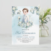 Elegant blauw wit bloemen salie Eerste Communie Kaart (Staand voorkant)