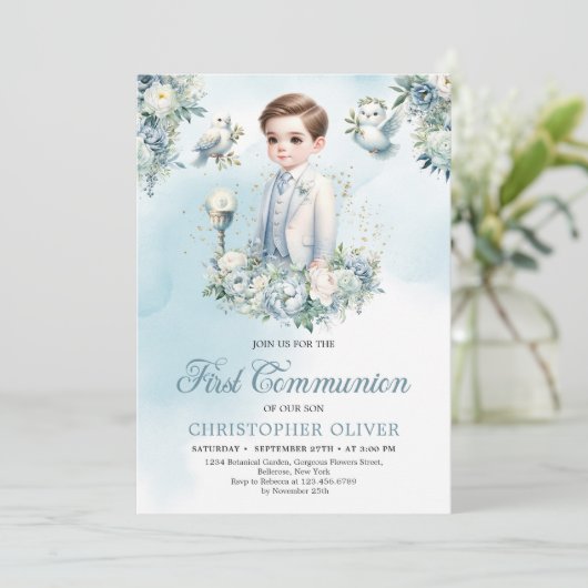 Elegant blauw wit bloemen salie Eerste Communie Kaart (Staand voorkant)