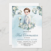Elegant blauw wit bloemen salie Eerste Communie Kaart (Voorkant / Achterkant)