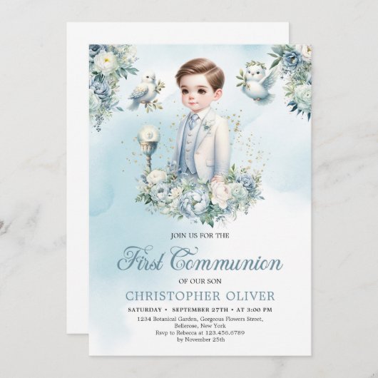 Elegant blauw wit bloemen salie Eerste Communie Kaart (Voorkant / Achterkant)