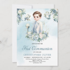 Elegant blauw wit bloemen salie Eerste Communie Kaart