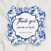 Elegant Blauw Wit Bloemen Toile Bruiloft Bedankjes Labels (Voorkant)