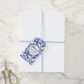 Elegant Blauw Wit Bloemen Toile Bruiloft Cadeaulabel (Met Touw)