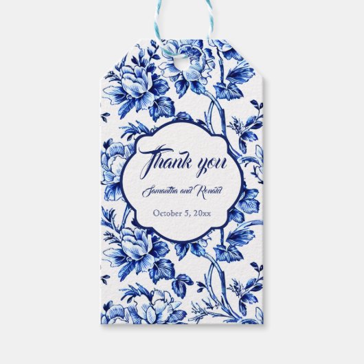 Elegant Blauw Wit Bloemen Toile Bruiloft Cadeaulabel (Voorkant)