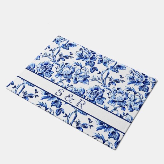 Elegant Blauw Wit Bloemen Toile Bruiloft Deurmat (Schuin)