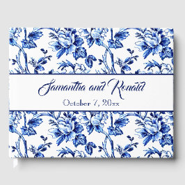 Elegant Blauw Wit Bloemen Toile Bruiloft Gastenboek