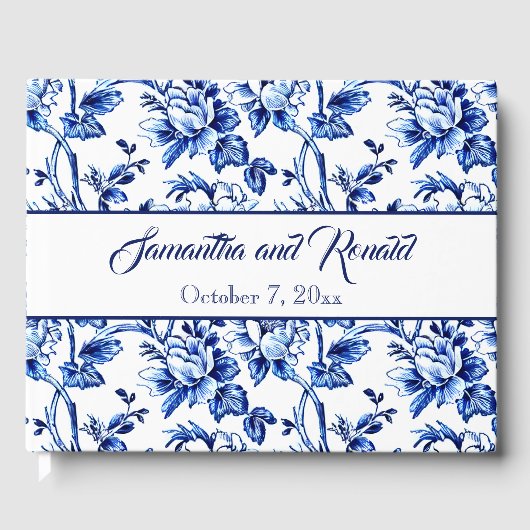 Elegant Blauw Wit Bloemen Toile Bruiloft Gastenboek (Voorkant)