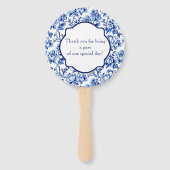 Elegant Blauw Wit Bloemen Toile Bruiloft Handwaaier (Achterkant)