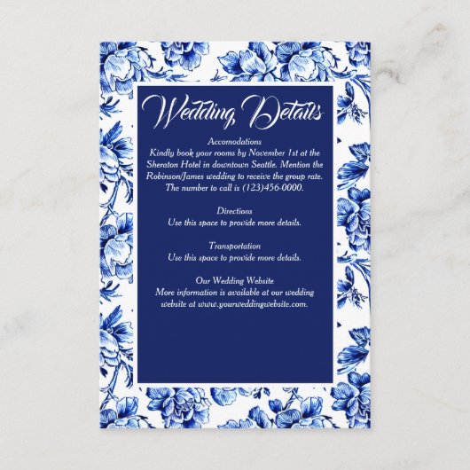 Elegant Blauw Wit Bloemen Toile Bruiloft Informatiekaartje (Voorkant)