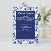 Elegant Blauw Wit Bloemen Toile Bruiloft Informatiekaartje (Staand voorkant)