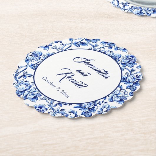 Elegant Blauw Wit Bloemen Toile Bruiloft Kartonnen Onderzetters (Gekanteld)