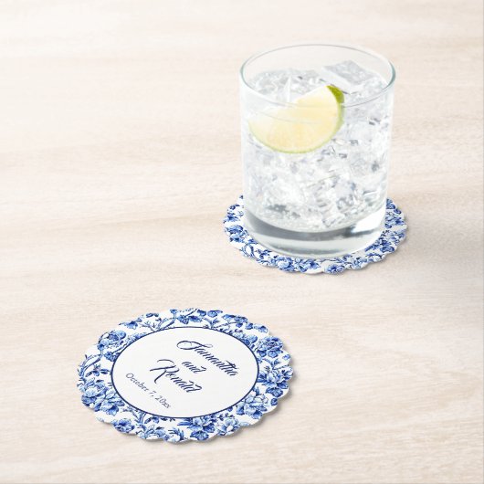 Elegant Blauw Wit Bloemen Toile Bruiloft Kartonnen Onderzetters (Insitu)