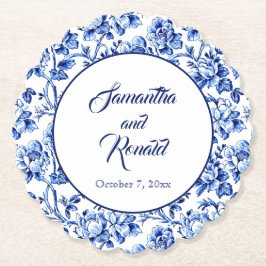 Elegant Blauw Wit Bloemen Toile Bruiloft Kartonnen Onderzetters