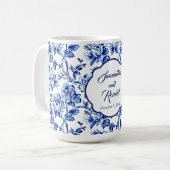 Elegant Blauw Wit Bloemen Toile Bruiloft Koffiemok (Voorkant links)
