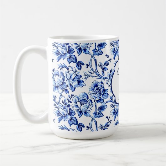 Elegant Blauw Wit Bloemen Toile Bruiloft Koffiemok (Links)