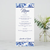 Elegant Blauw Wit Bloemen Toile Bruiloft Menu Kaar Kaart (Staand voorkant)