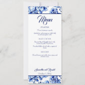 Elegant Blauw Wit Bloemen Toile Bruiloft Menu Kaar Kaart (Voorkant)