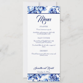 Elegant Blauw Wit Bloemen Toile Bruiloft Menu Kaar Kaart