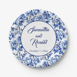 Elegant Blauw Wit Bloemen Toile Bruiloft Papieren Bordje