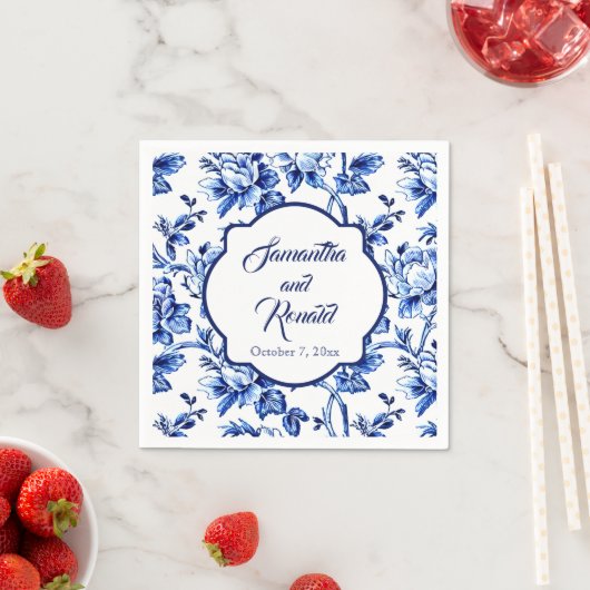 Elegant Blauw Wit Bloemen Toile Bruiloft Servet (Insitu)
