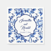 Elegant Blauw Wit Bloemen Toile Bruiloft Servet (Voorkant)