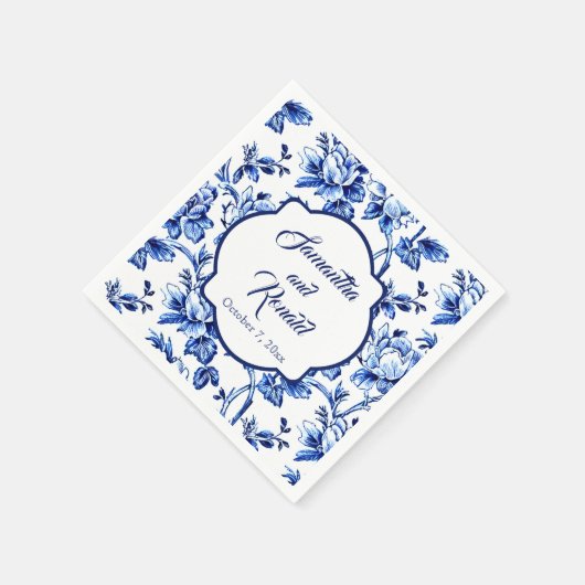Elegant Blauw Wit Bloemen Toile Bruiloft Servet (Hoek)