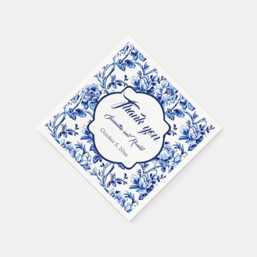 Elegant Blauw Wit Bloemen Toile Bruiloft Servet (Hoek)