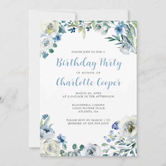 Elegant Blauw Wit Bloemen Verjaardagsfeest Kaart (Voorkant)