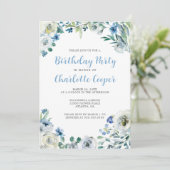 Elegant Blauw Wit Bloemen Verjaardagsfeest Kaart (Staand voorkant)