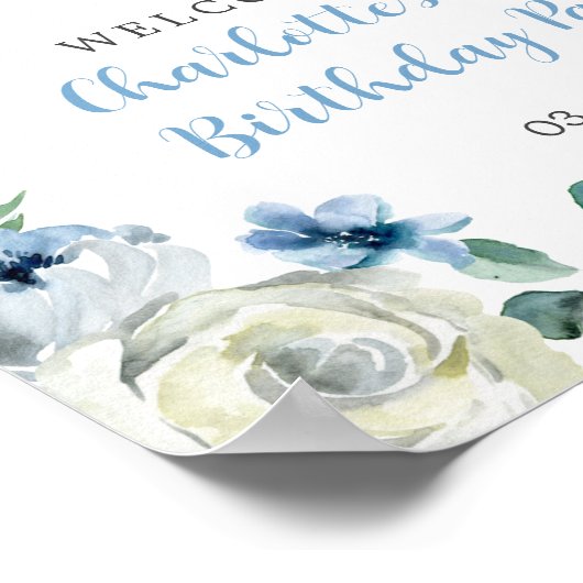 Elegant Blauw Wit Bloemen Verjaardagsfeestje Welko Poster (Hoek)