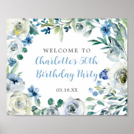 Elegant Blauw Wit Bloemen Verjaardagsfeestje Welko Poster