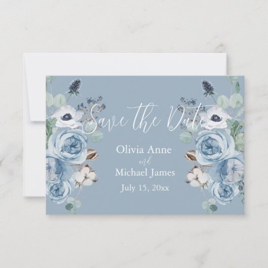 Elegant Blauw & Wit Bloemend Script Sla de Datum O Save The Date (Voorkant)