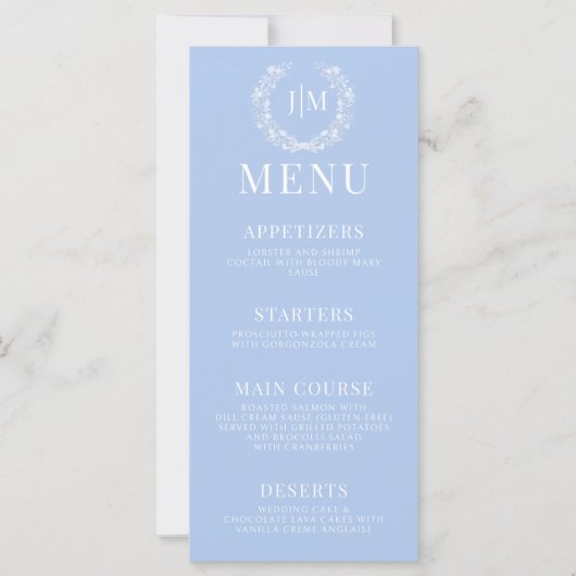 Elegant blauw wit bloemig rustiek bruiloft menu (Voorkant)