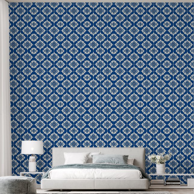 Elegant blauw-wit bloempatroon behang (Slaapkamer)