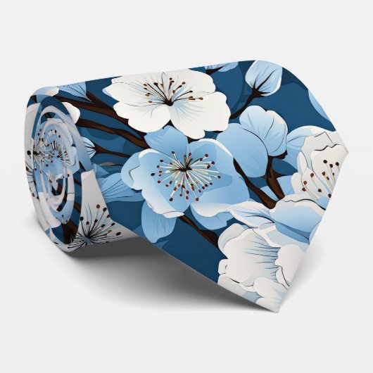 Elegant Blauw Wit Bloesem Werk Bruiloft Hals Stropdas (Opgerold)