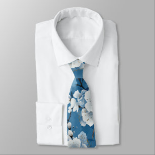 Elegant Blauw Wit Bloesem Werk Bruiloft Hals Stropdas