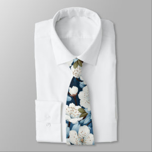 Elegant Blauw Wit Bloesem Werk Bruiloft Hals Stropdas